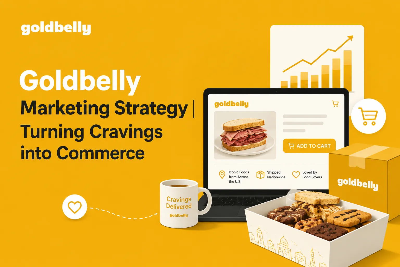 Goldbelly Marketing Strategy featured image showing a bright gold background, the Goldbelly logo and title "Goldbelly Marketing Strategy