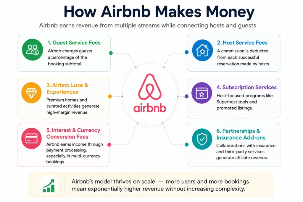 Revenue Model of Airbnb: How the World’s Largest Home-Sharing Platform Makes Money 1 Airbnb makes money through guest service fees, host service fees, premium stays and experiences, subscription services, currency conversion and payment fees, and partnerships or insurance add-ons.