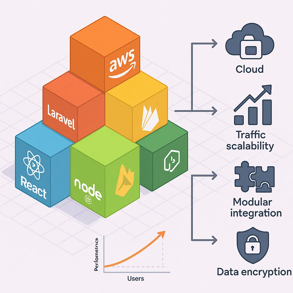 Illustration of a scalable tech stack including cloud services and frameworks like React and AWS, with arrows showing how the app supports performance and modular growth.