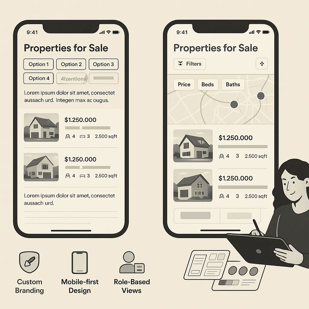 Infographic comparing UI-UX quality in Zillow clones with emphasis on clean layout, mobile responsiveness, user roles, and branding customization.