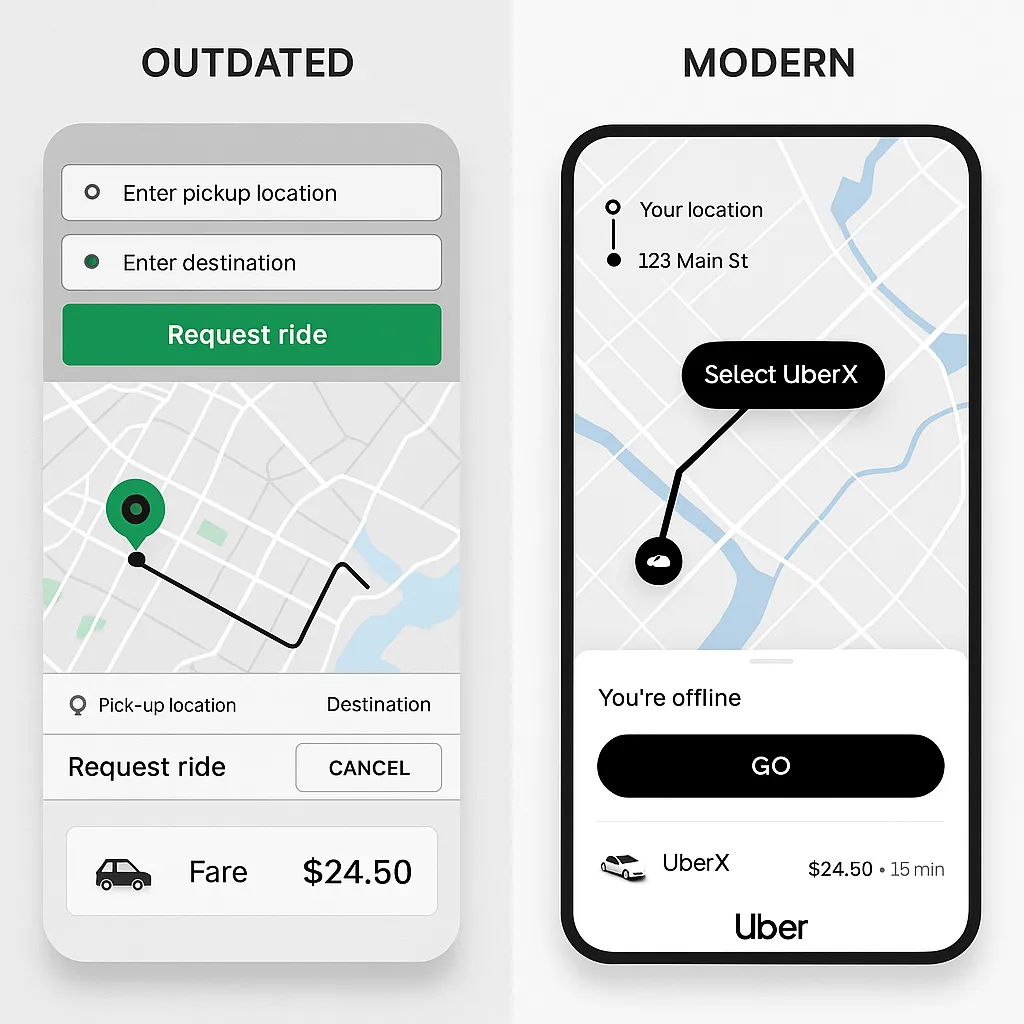 Infographic comparing poor vs. modern UIUX in ride-hailing apps, showcasing clean layouts, responsive design, and user-friendly booking flow.