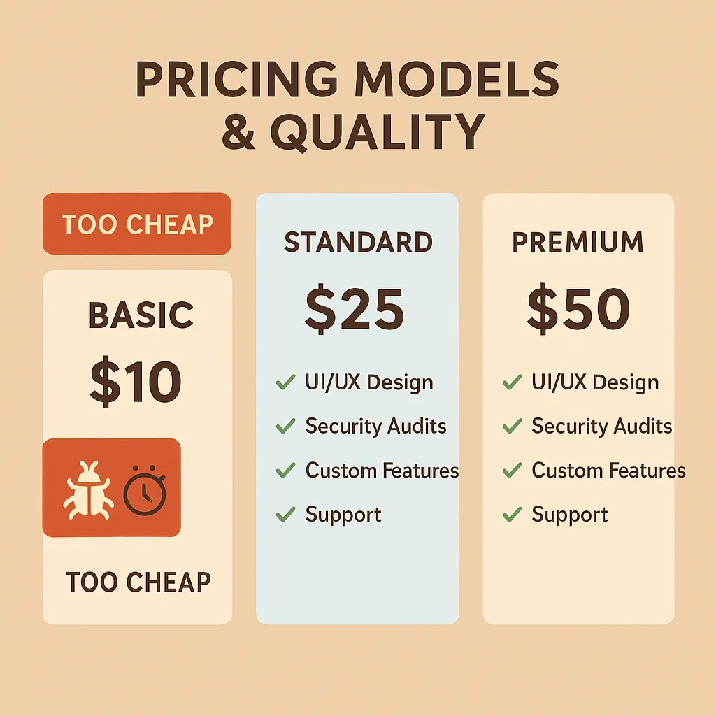 Infographic comparing pricing tiers with features included and a warning about low-quality cheap options under the title 'Pricing Models & Quality'.