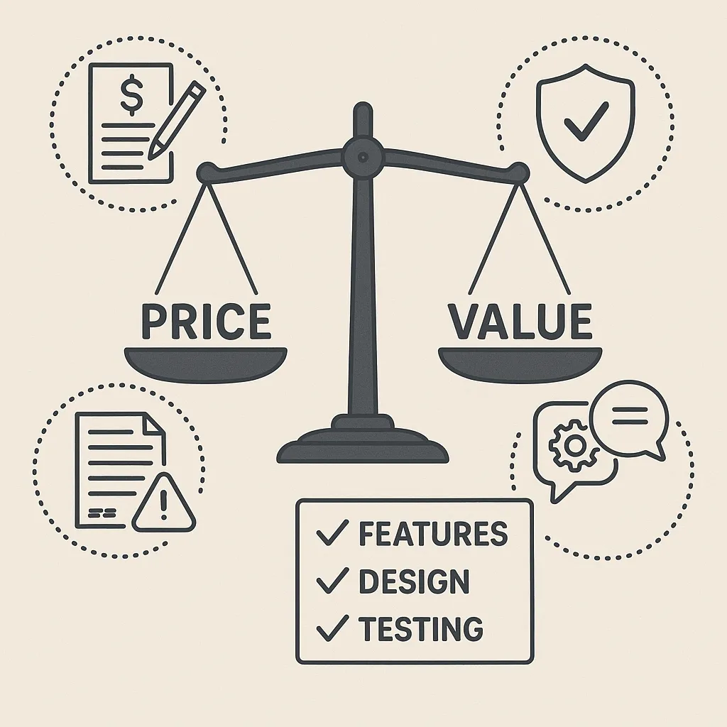 Infographic comparing pricing vs. quality in Zillow clone development, highlighting detailed estimates, full-service inclusion, and value-driven decision-making.