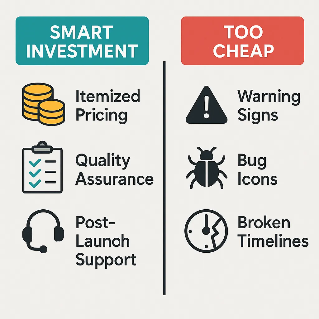 Infographic comparing smart pricing with detailed estimates and quality support versus low-cost options with risk symbols and poor quality.