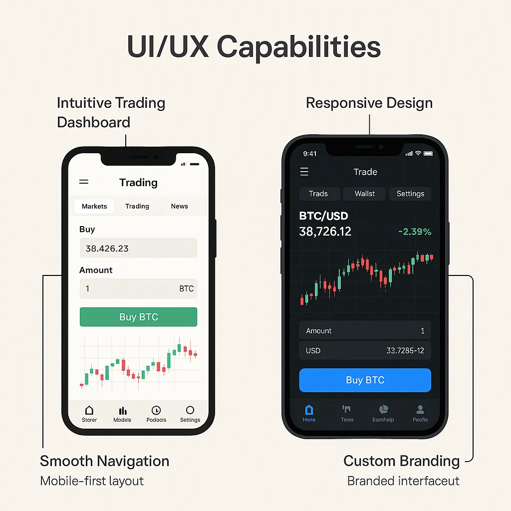 Infographic comparing two crypto app interfaces with focus on intuitive dashboards, mobile design, and branding under the title 'UI-UX Capabilities'.