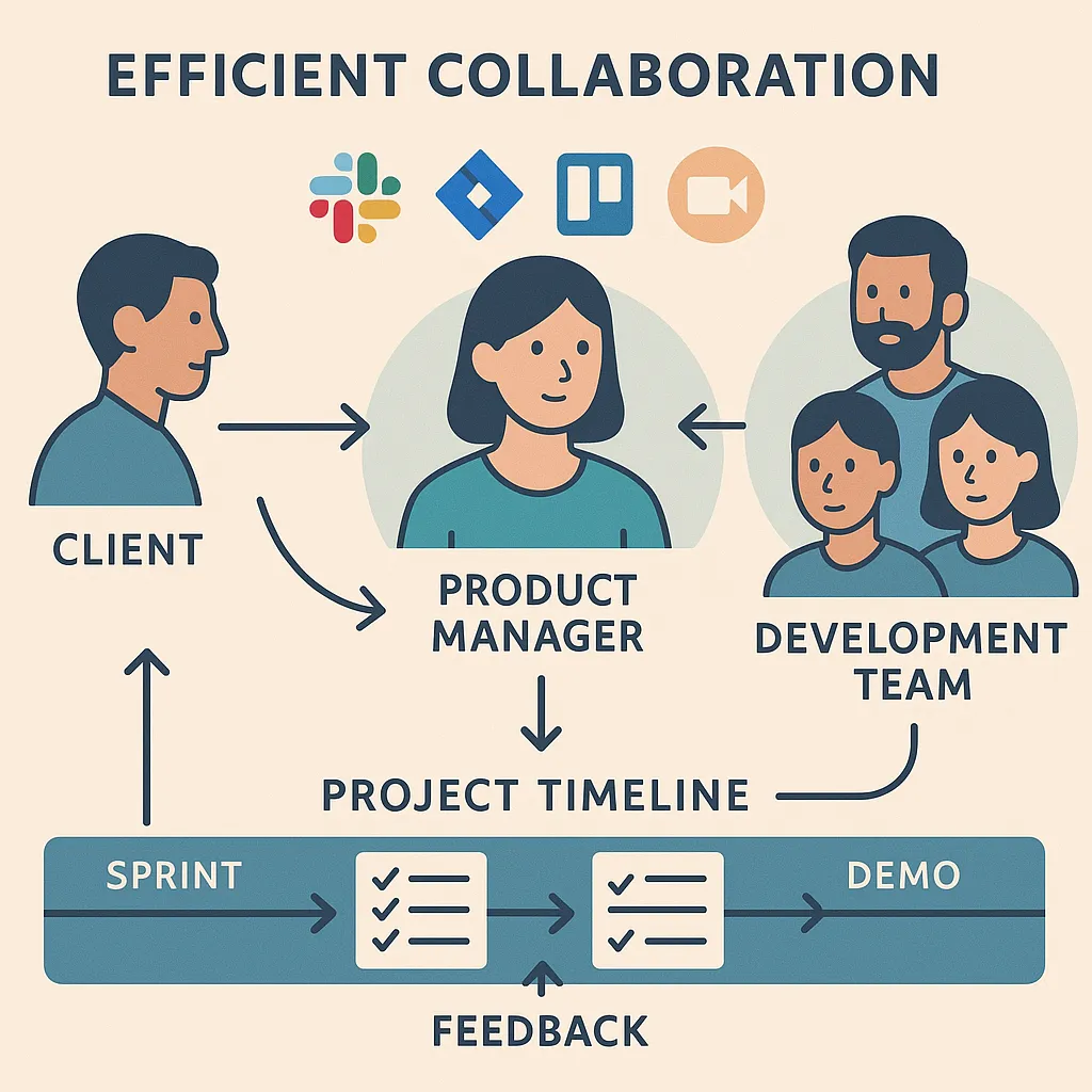 Infographic demonstrating communication tools and agile workflow in clone app development, including sprint planning, project management tools, and direct collaboration.