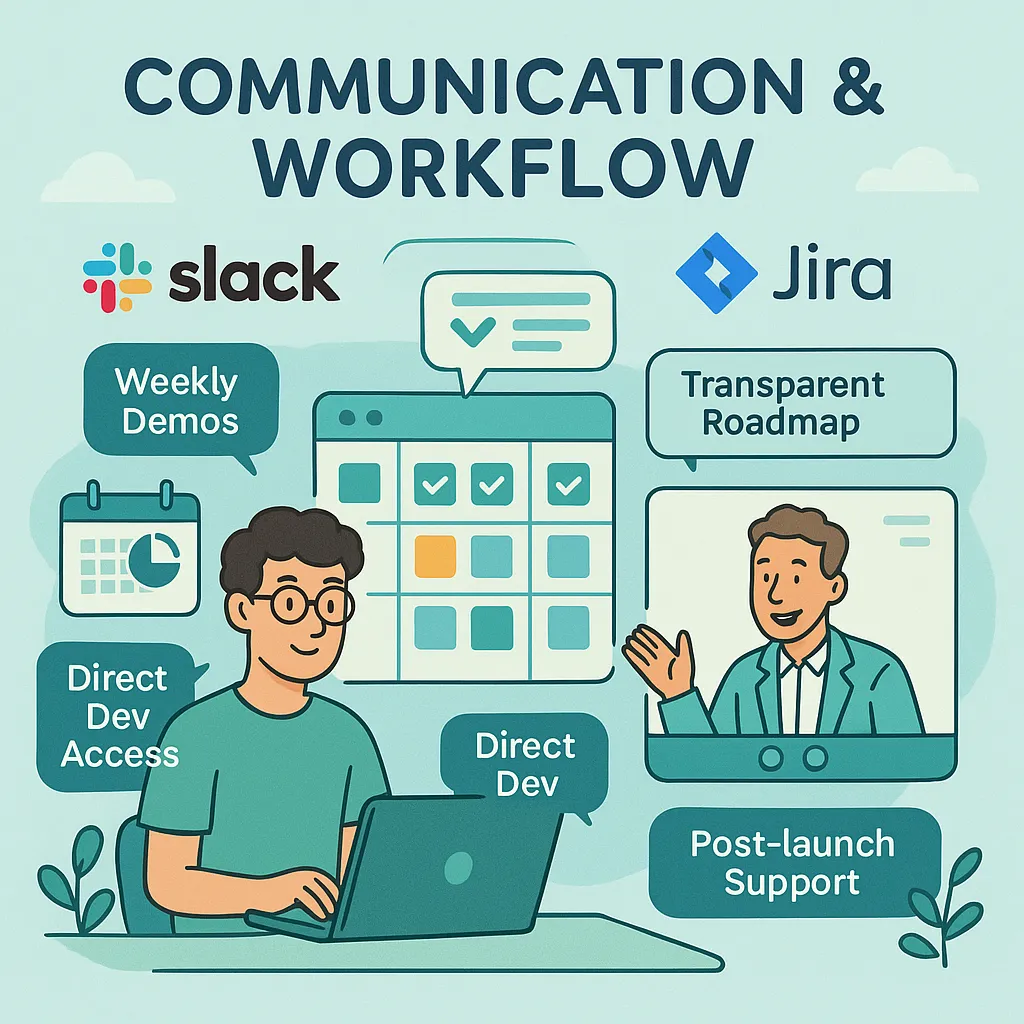 Infographic depicting dev collaboration using Slack, Jira, and video chat with founder, highlighting project management and transparency under 'Communication & Workflow'.