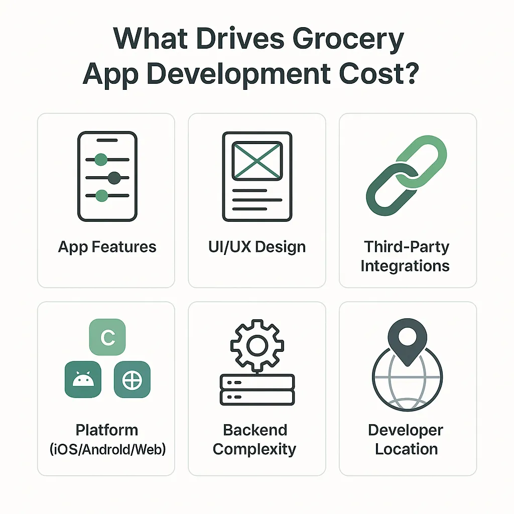 Infographic displaying six key factors that affect the development cost of a FreshDirect-style grocery delivery app, including features, design, and backend complexity.