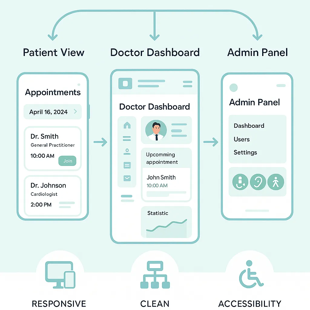 Infographic highlighting UI-UX best practices for a Practo clone, including role-based dashboards, responsive design, and accessible navigation.