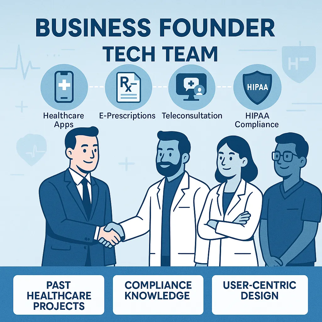 Infographic illustrating the importance of domain expertise in hiring a Practo clone developer, featuring healthcare tech icons, compliance badges, and proven past projects.