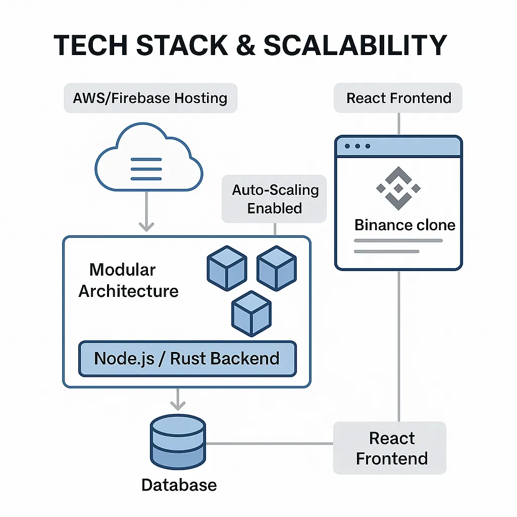 Infographic of a modern Binance clone architecture featuring backend stack, cloud infrastructure, and modular tech components under the title 'Tech Stack & Scalability'.