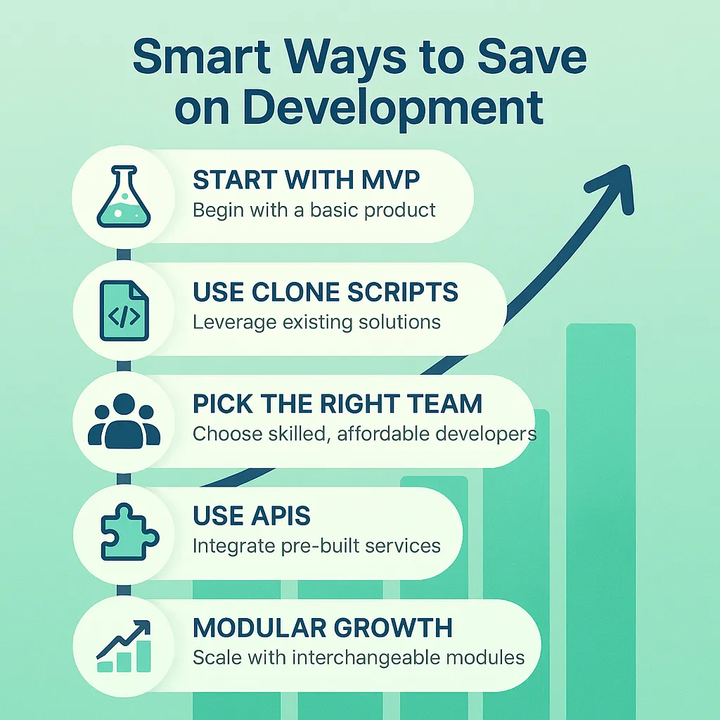 Infographic outlining five cost-saving strategies for building a Myntra clone app without sacrificing scalability or quality.