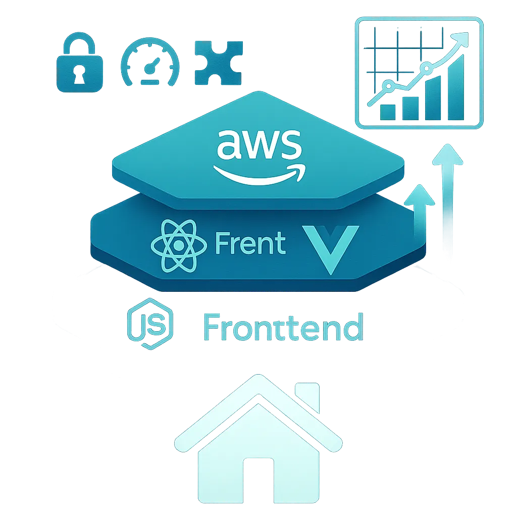 Infographic representing modern tech stack for Zillow clone development with layers of backend, frontend, cloud scalability, and key indicators like security and performance.