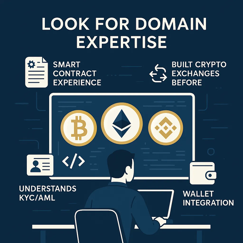 Infographic showing a crypto developer analyzing a screen with cryptocurrency icons and callouts for smart contracts, exchange experience, and compliance knowledge. Titled 'Look for Domain Expertise'