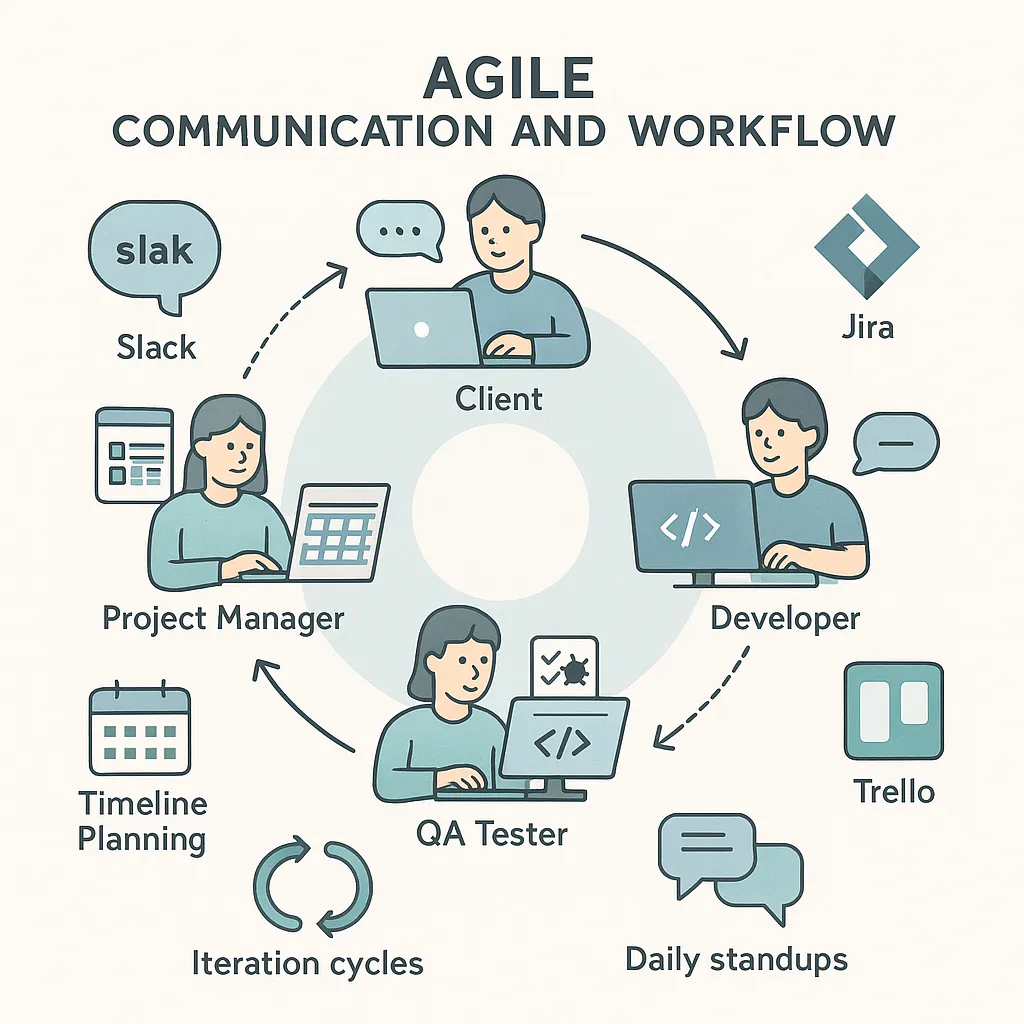 Infographic showing agile communication between client manager developer and QA using Slack Jira and Trello in ride hailing app development