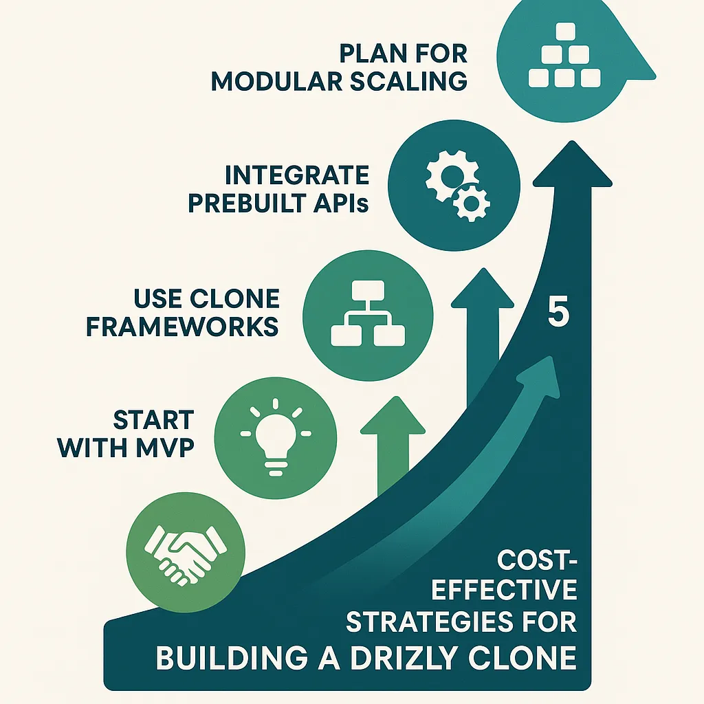 Infographic showing five strategies to reduce Drizly clone development costs including MVP launch prebuilt APIs and modular architecture