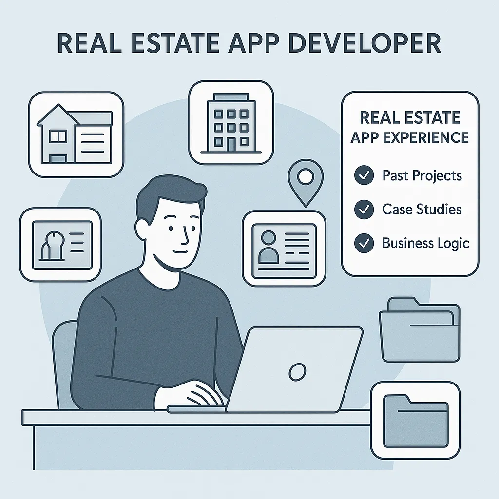 Infographic showing key indicators of domain expertise in real estate app development including case studies, past projects, and understanding of property listing platforms.