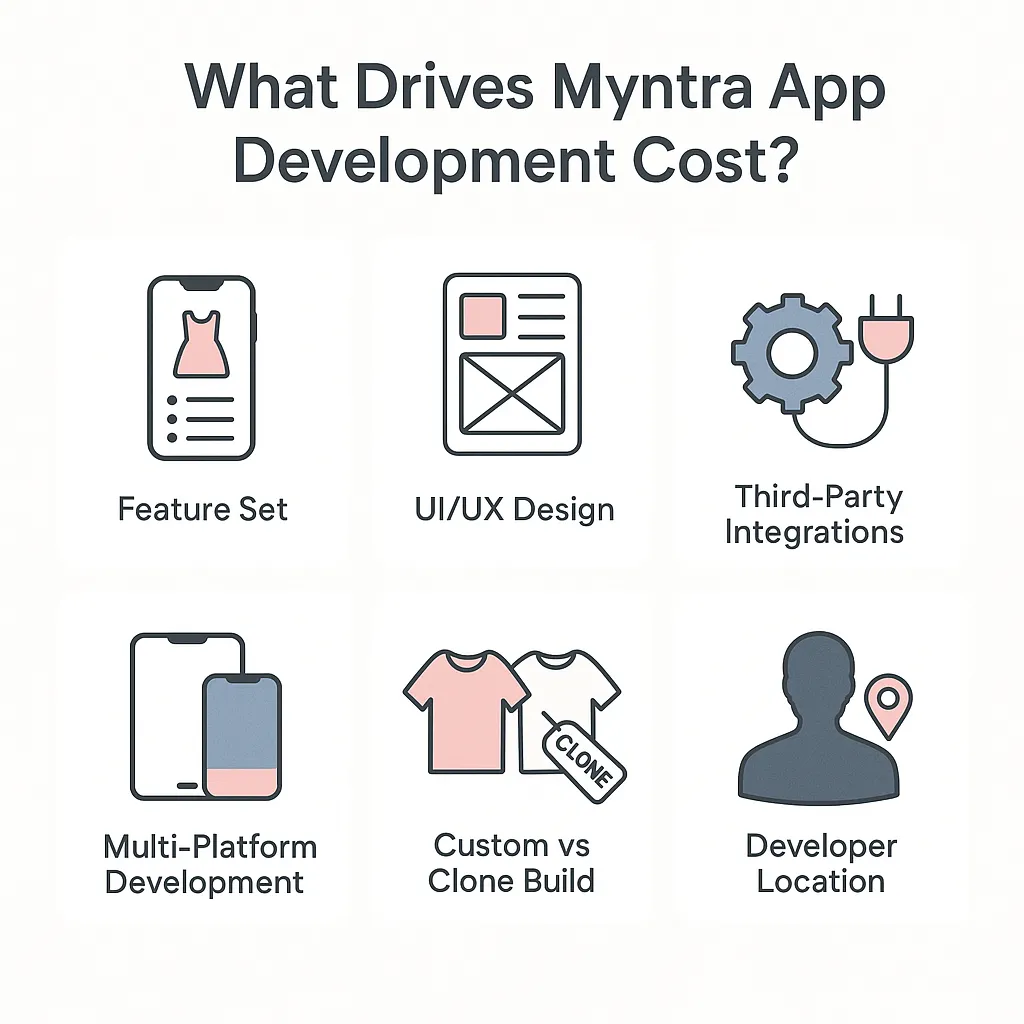Infographic showing major cost-driving elements in developing a Myntra-style ecommerce app, such as features, design, integrations, and team location.