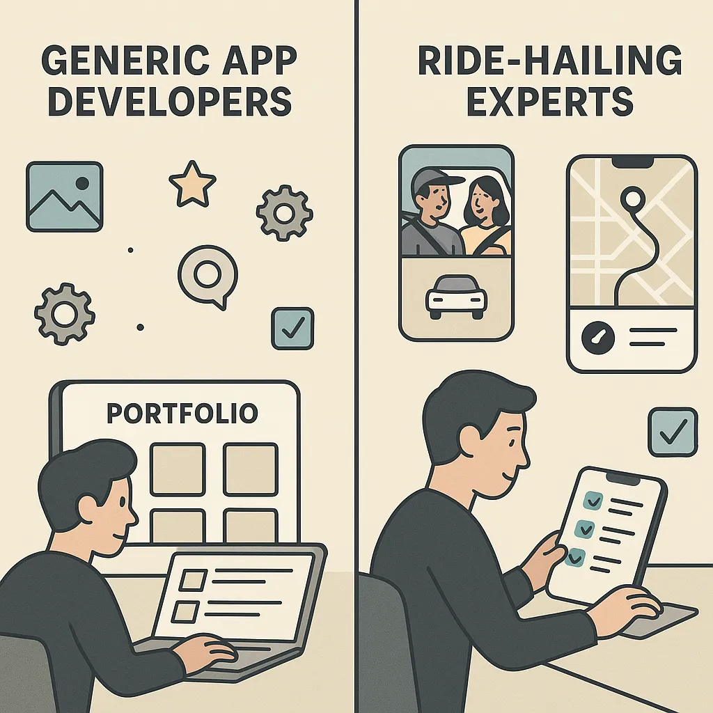 Infographic showing the difference between generic developers and ride-hailing experts with icons representing GPS, ride tracking, and driver-passenger features.