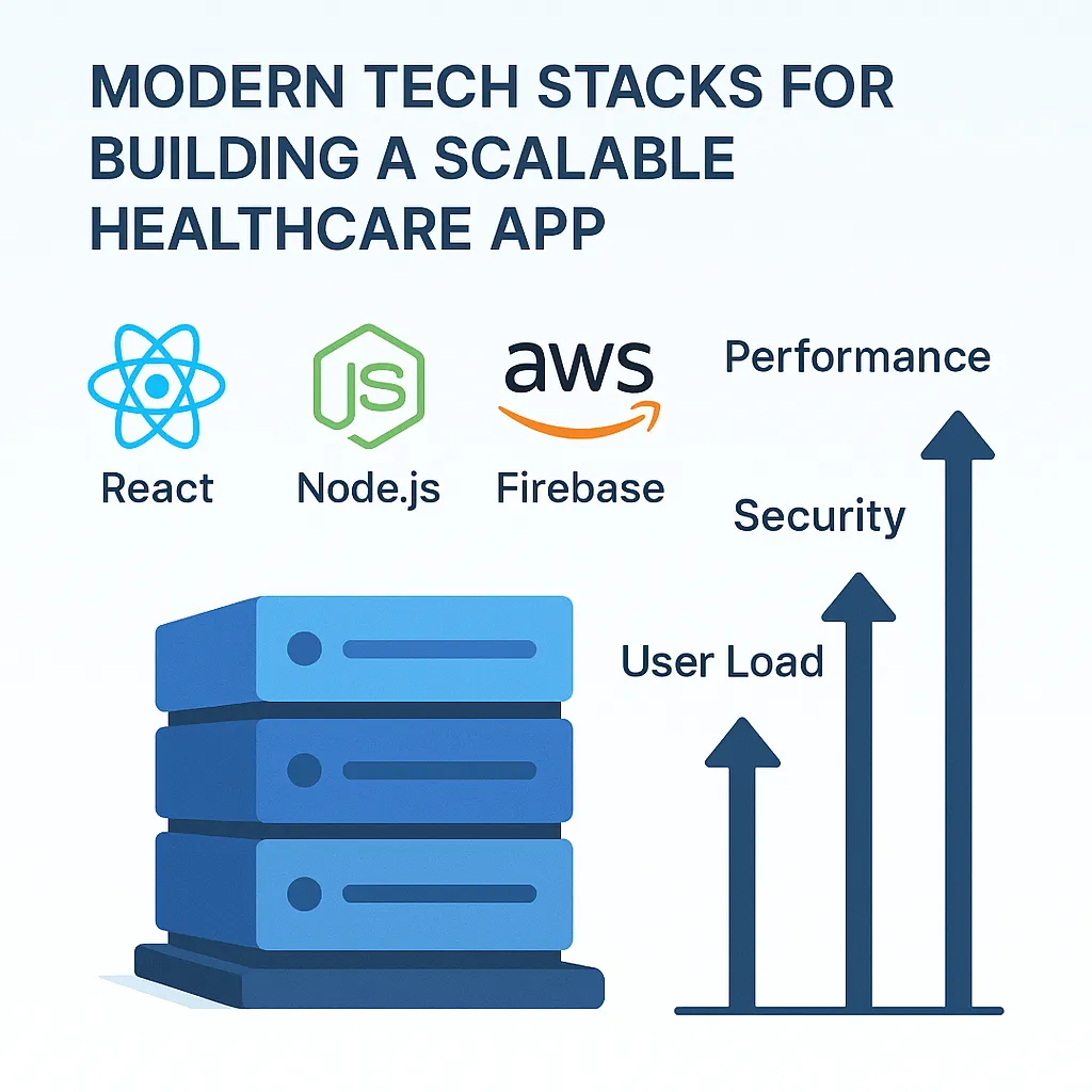 Infographic showing the ideal tech stack and scalability factors for a Practo clone app, including cloud infrastructure, security layers, and growth potential.
