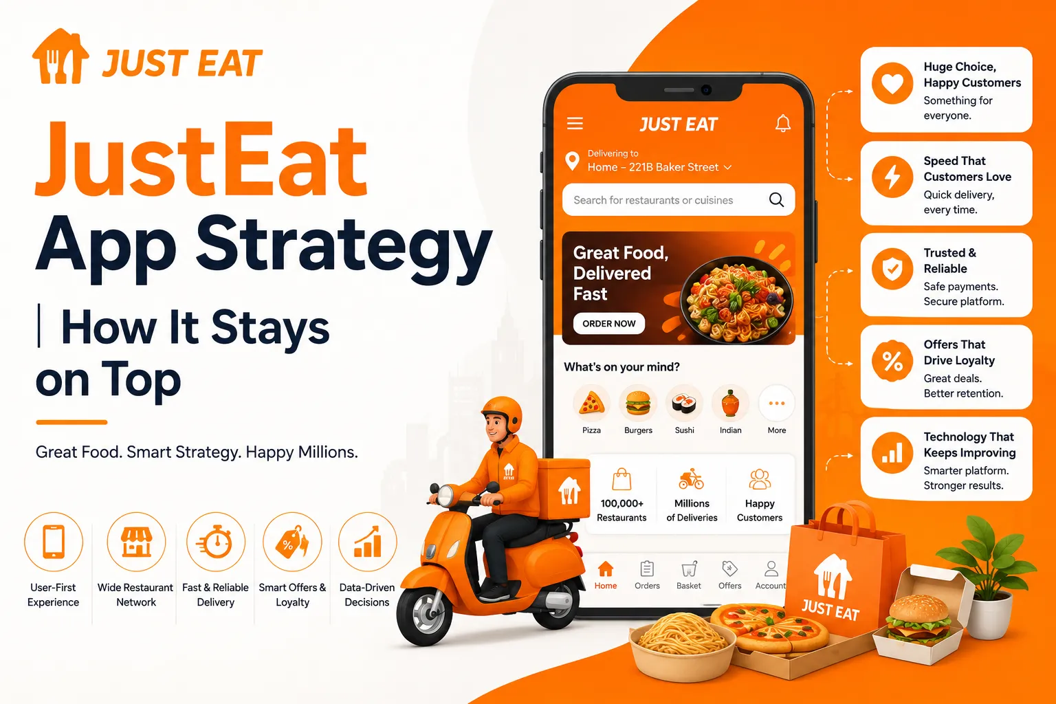 Just Eat app strategy featured image showing a food delivery mobile app, delivery rider, restaurant choices, customer loyalty offers, fast delivery, and data-driven growth strategies.