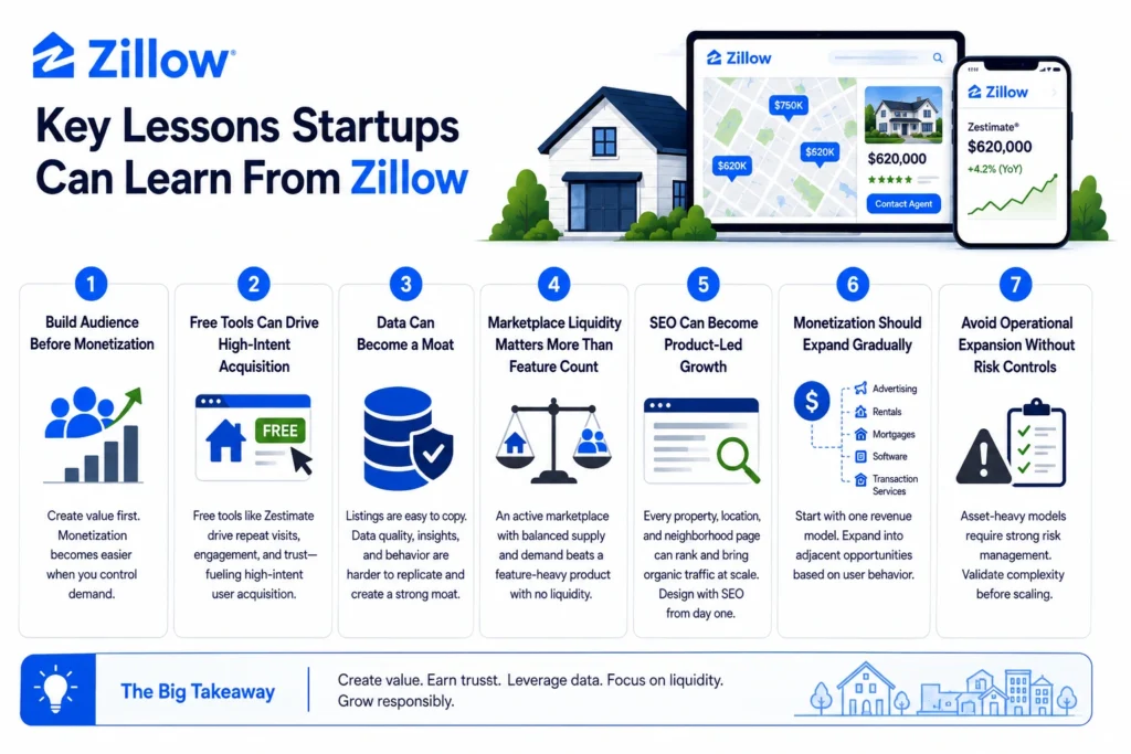 Business Model of Zillow Explained: Revenue Streams, Growth & Strategy 2 Small infographic showing key startup lessons from the Business Model of Zillow including audience building, data moat, SEO growth, marketplace liquidity, and monetization strategy.