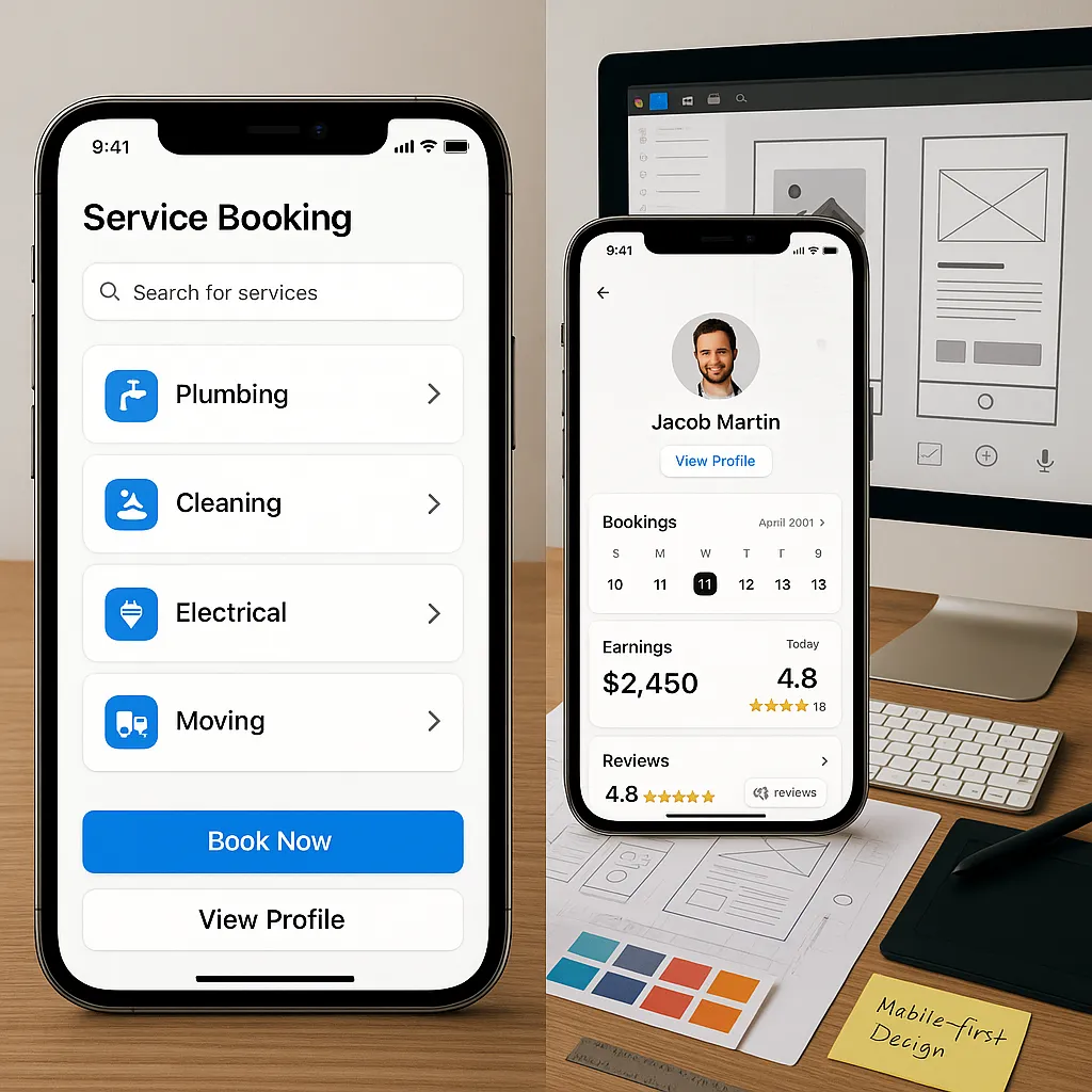 Mobile UI design examples showing user and provider screens for a service app, alongside branding tools and wireframes demonstrating strong UI-UX capabilities.