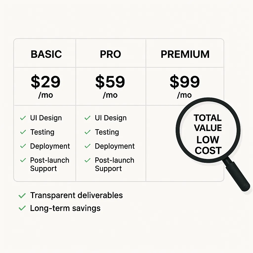 Pricing comparison graphic showing app development package tiers with features included, emphasizing transparency and long-term value over lowest cost.