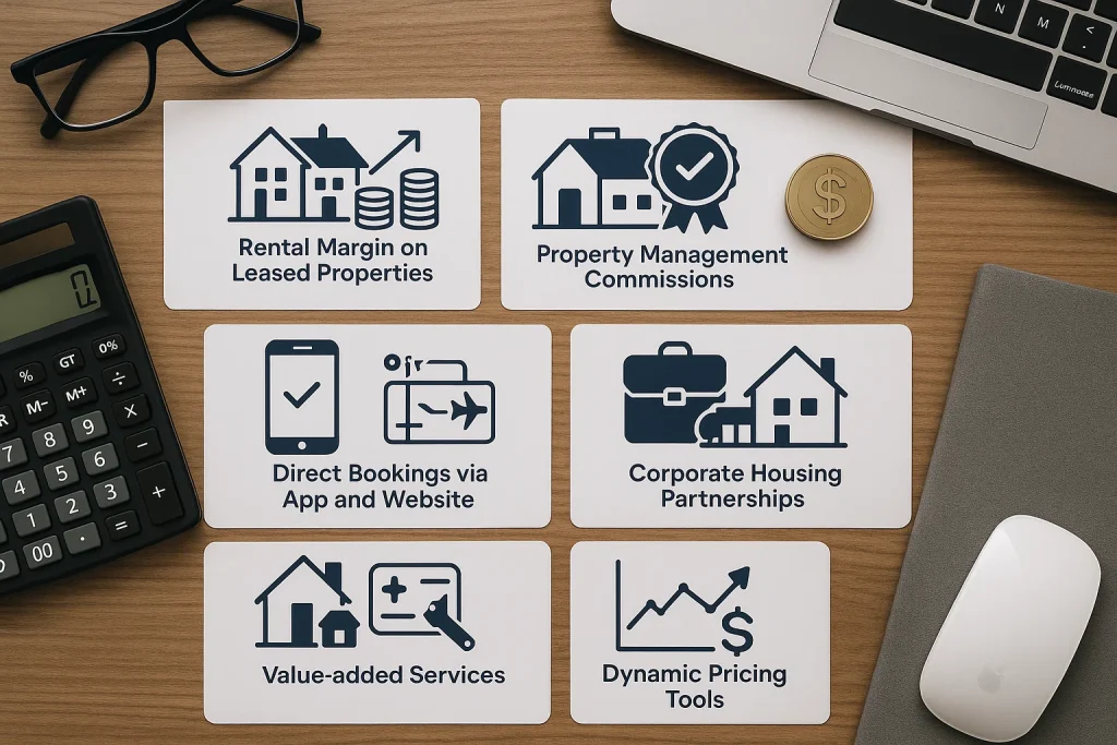 Infographic showing Blueground’s revenue model with six income streams like rental margins and value-added services