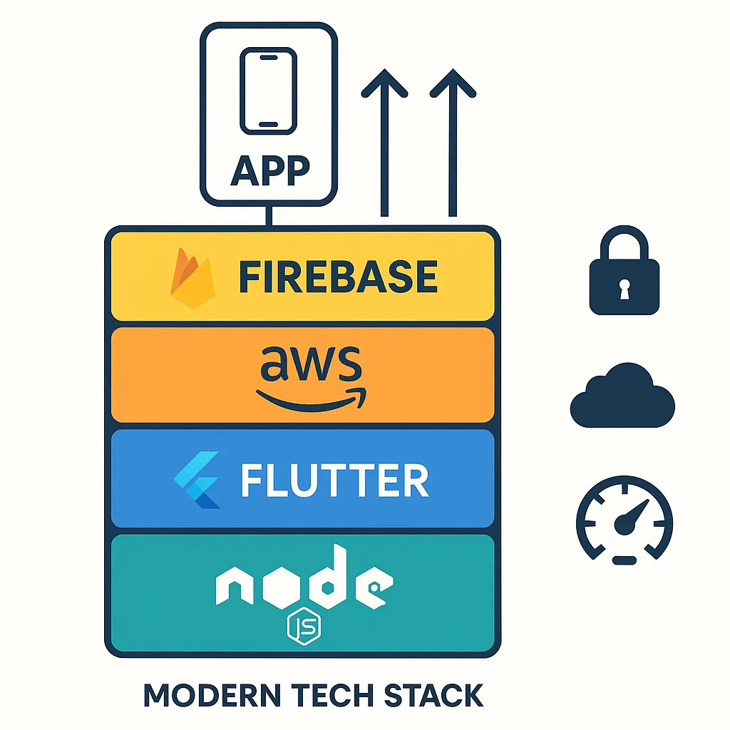 Square graphic of modern app tech stack with Node.js, Flutter, AWS, Firebase, and scalability arrows representing performance and cloud infrastructure.
