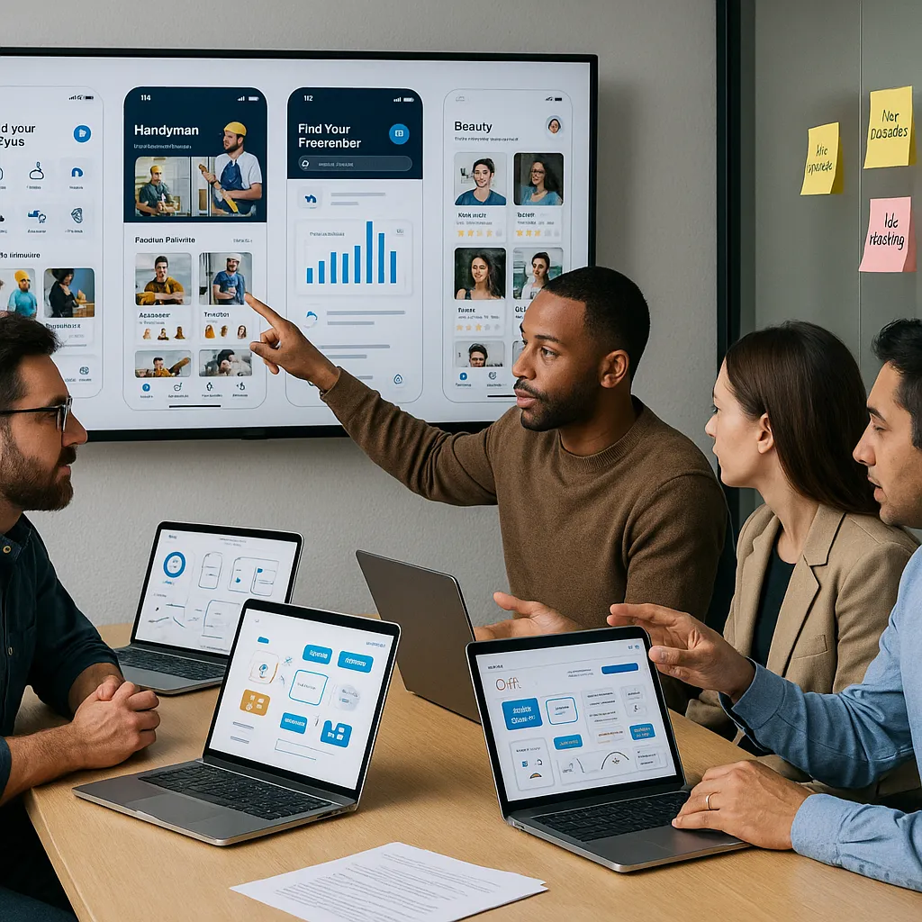 Team of app developers reviewing marketplace app projects, with visible examples of service-based platforms and strategic notes on domain expertise.