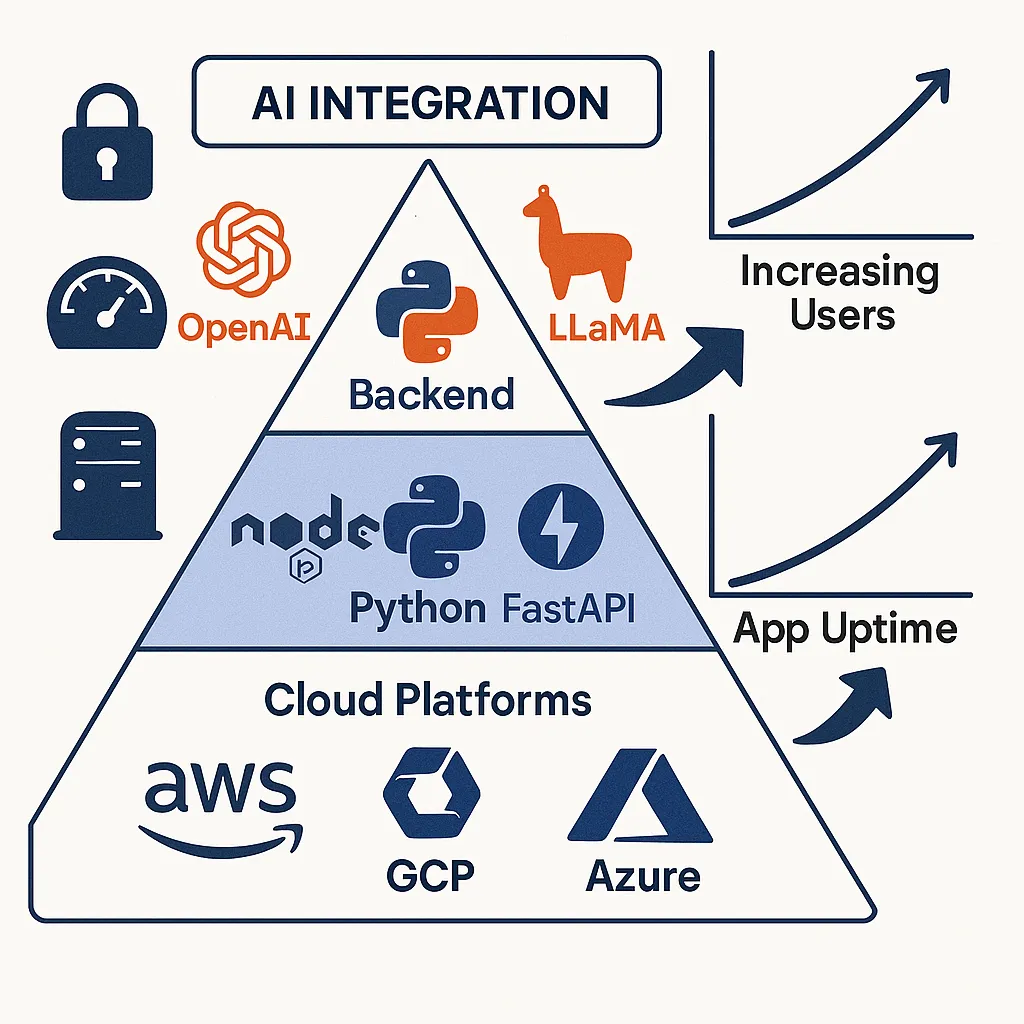 Tech stack infographic showing scalable ChatGPT clone architecture with layers for cloud services, backend tech, and AI model integration.