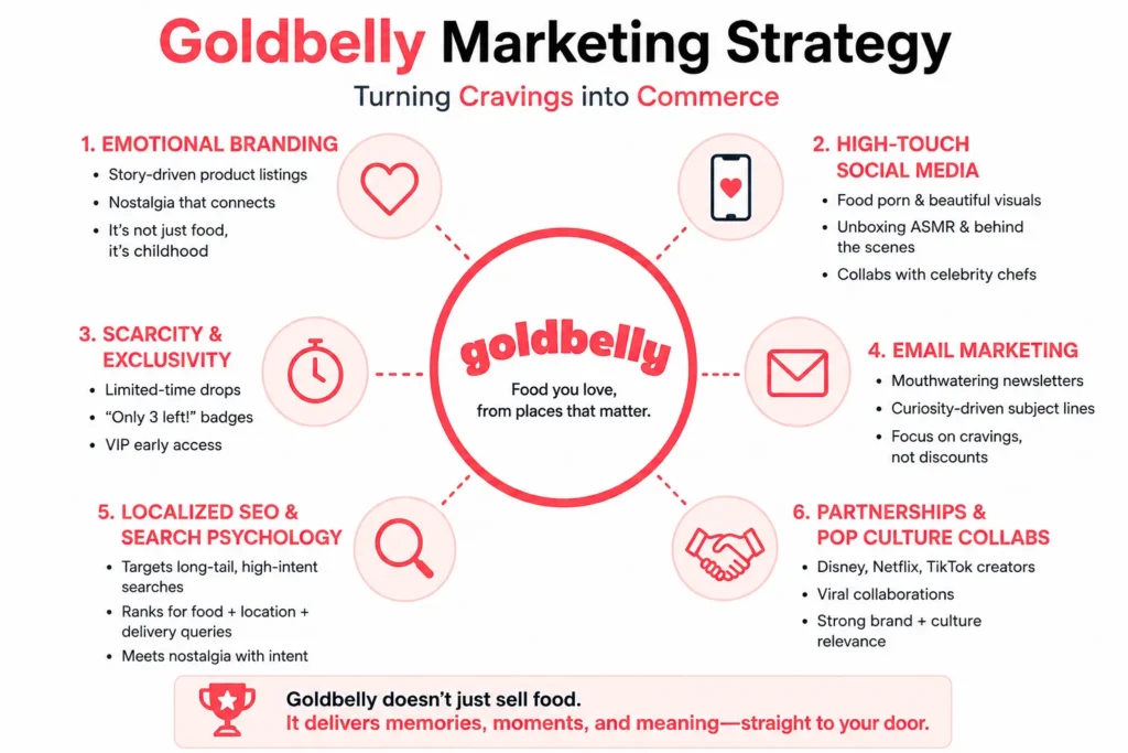 Simple infographic summarizing Goldbelly's marketing strategy, highlighting six key tactics: emotional branding, social media, scarcity marketing, email campaigns, SEO, and brand partnerships.