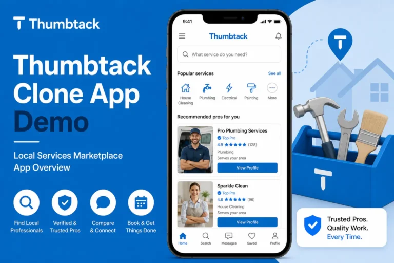 Thumbtack Clone App demo displaying a local services marketplace interface with service search, verified professionals, booking options, home service categories, and provider profiles in a clean blue-themed UI.