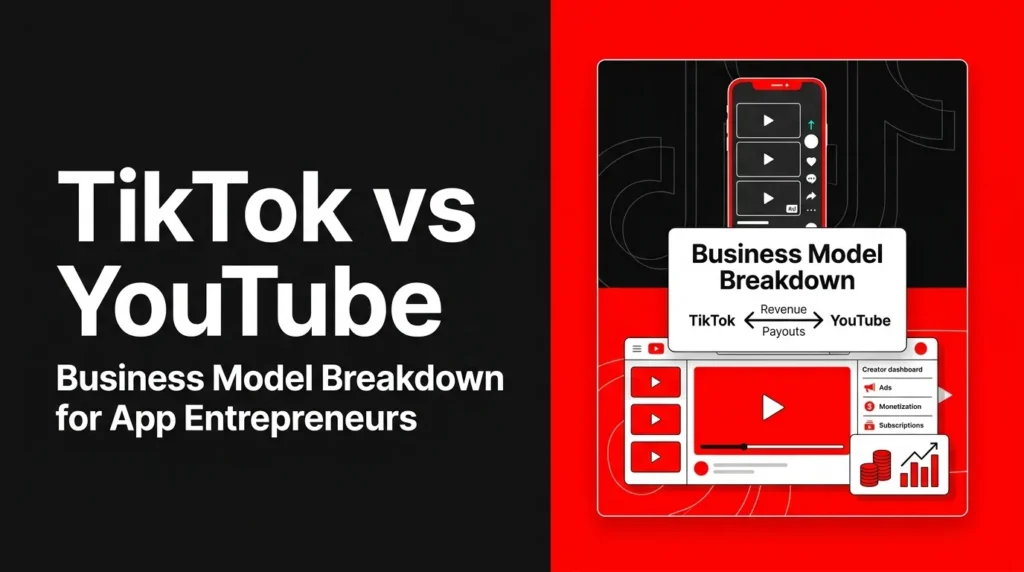 TikTok versus YouTube business model comparison featured image showing short-form mobile video, long-form video platform, advertising, creator monetization, subscriptions, revenue streams, payouts, analytics, and app entrepreneur strategy.