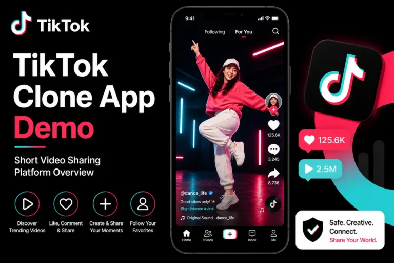 TikTok Clone App demo showing a short video sharing platform interface with creator feed, engagement icons, trending video content, likes, shares, and social media app features in a neon-themed UI.