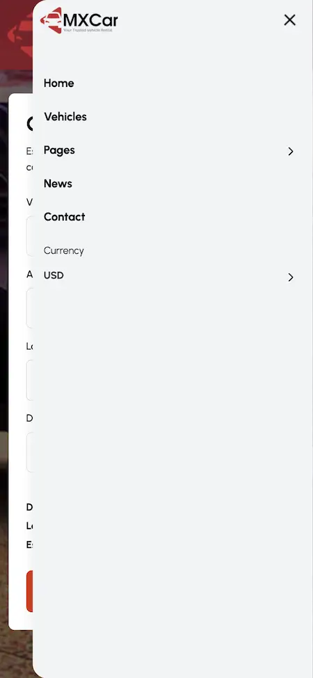 Turo Clone Car Rental Menu