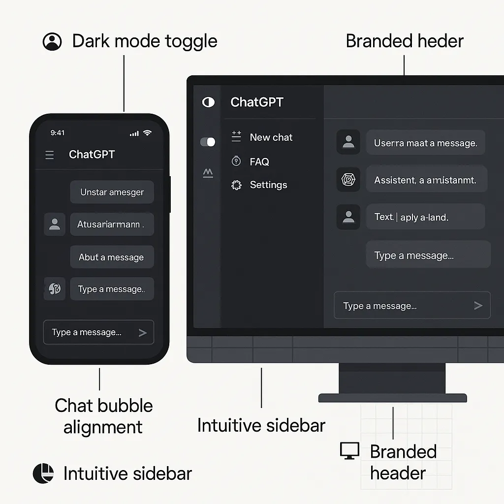 UI-UX design infographic showing mobile and desktop interfaces of a ChatGPT clone with features like custom branding, accessibility, and responsiveness.