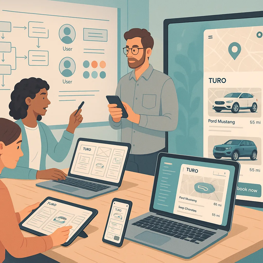 UX design team creating responsive, branded interfaces for a Turo clone car rental app