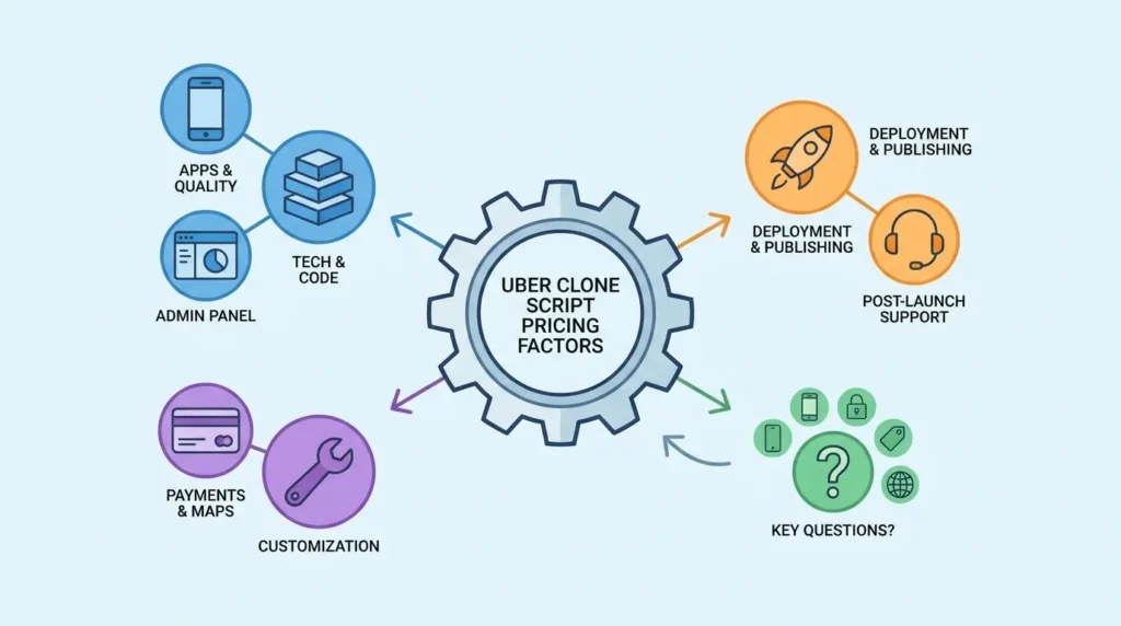 Uber clone script pricing factors including source code, app panels, customization, payment gateway, deployment, and support