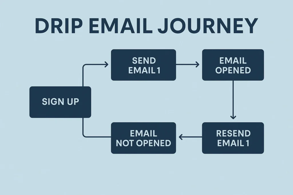 User flow diagram showing drip email journey