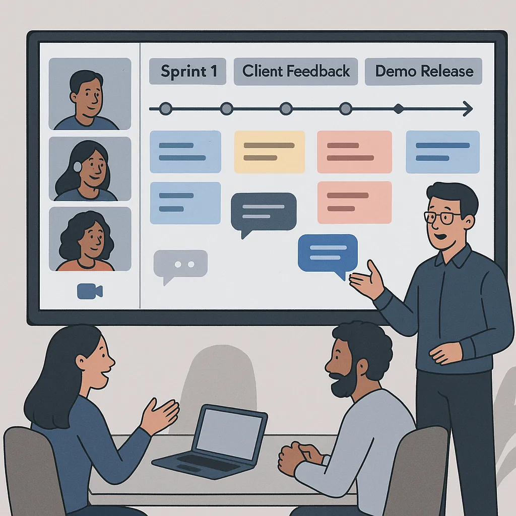Visual of a development team using project management tools and real-time communication platforms to manage workflow, updates, and client feedback.