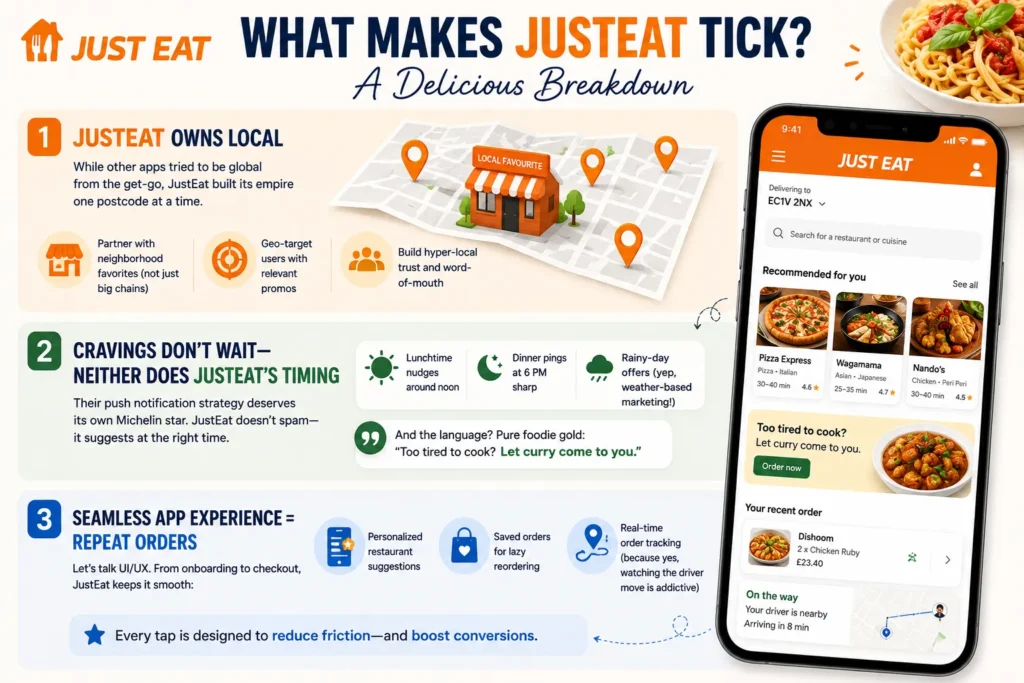 Infographic explaining what makes Just Eat successful, highlighting its local-first strategy, well-timed push notifications, personalized restaurant suggestions, saved orders, and real-time delivery tracking.