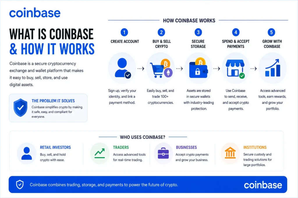 Simple Coinbase infographic explaining how the platform works, featuring key steps such as account creation, cryptocurrency buying and selling, secure wallet storage, crypto payments, and portfolio growth. The design highlights Coinbase’s role as a secure and user-friendly gateway to digital assets.