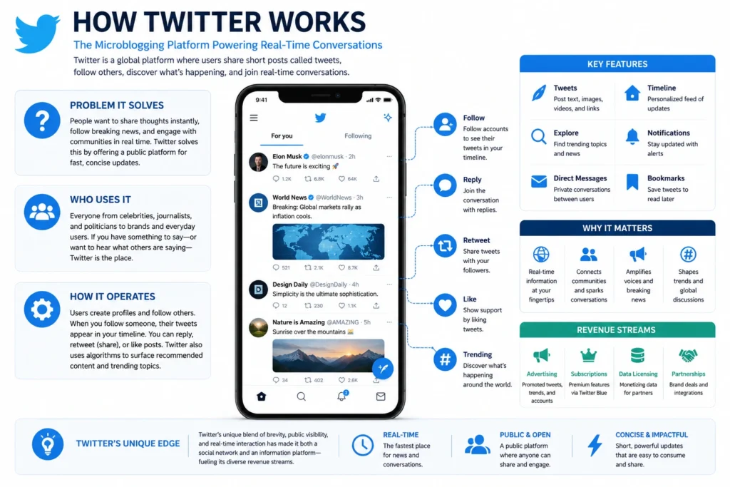 Business Model of Twitter : How It Earns Billions Yearly 1 Informative infographic explaining how the Twitter app works, including tweets, timelines, retweets, likes, trending topics, user interactions, and real-time social networking features in a clean blue corporate vector style.