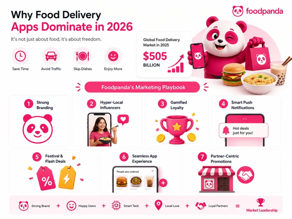 Foodpanda marketing infographic explaining why food delivery apps dominate in 2026, featuring branding strategies, loyalty programs, push notifications, influencer marketing, and seamless app experience.