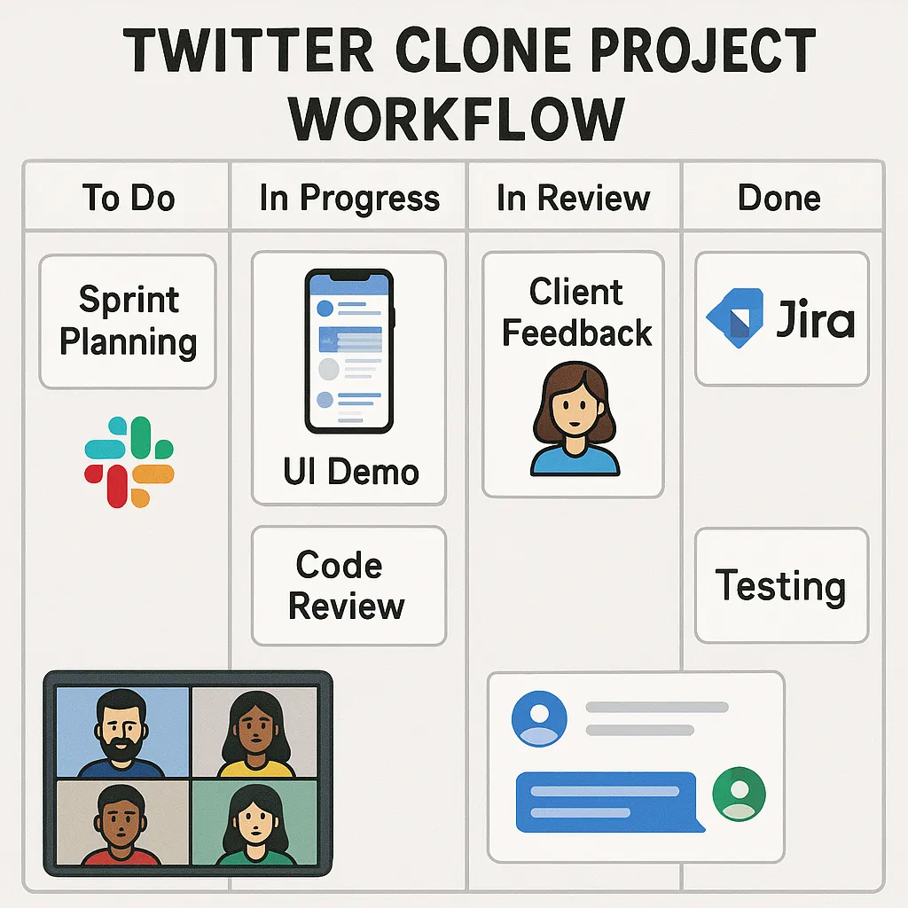 Workflow illustration for Twitter clone development showing agile tools, real-time collaboration, and structured team communication.