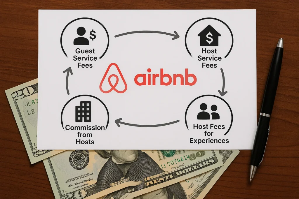 Infographic showing Airbnb's revenue flow with circular arrows connecting guest service fees, host service fees, host experience fees, and commissions.