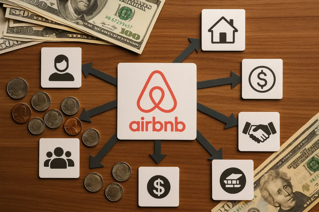 Airbnb logo at center with arrows pointing to icons representing revenue sources and stakeholders, including guests, hosts, service fees, and partnerships.