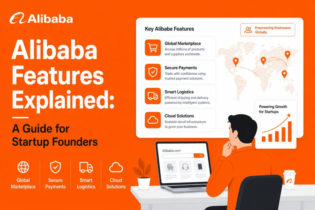 Alibaba platform features including global marketplace, secure payments, smart logistics, and cloud solutions for startups